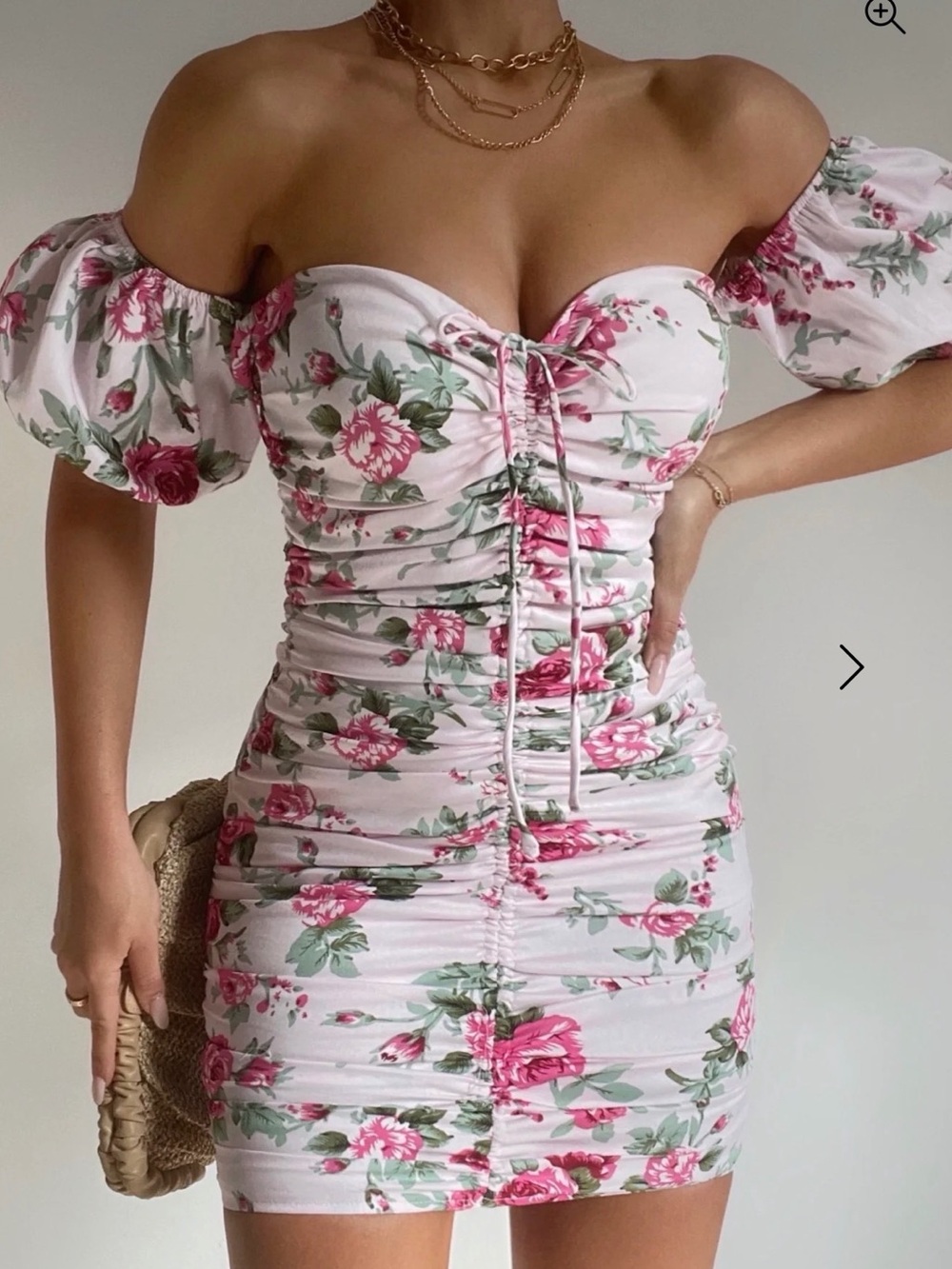 Hello Molly Pink Floral Off-Shoulder Ruched Mini Dress